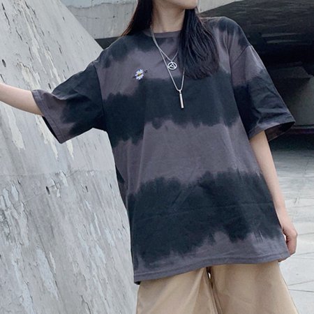 Pre-Owned LEUCHTEN Women'S Short-Sleeved T-Shirt Loose Gradient Washed Chrysanthemum Embroidery Top