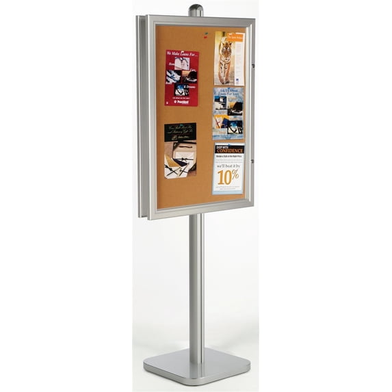 Enclosed Bulletin Boards 28-1/16”w x 75-1/2”h x 18”d Silver Brushed Aluminum Freestanding Corkboards with 24”w x 36”h Viewing Area – Floor Standing Cork Message Displays Are Double Sided (BPSQC2436X2)