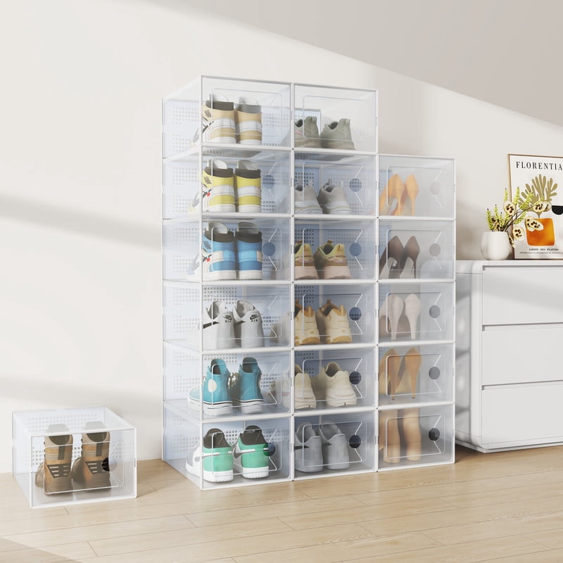 Gianna 12 Pack Stackable Shoe Box , Plastic Storage Organizer for Closet Hallway Bedroom, Holds Shoes up to US Size 9，White