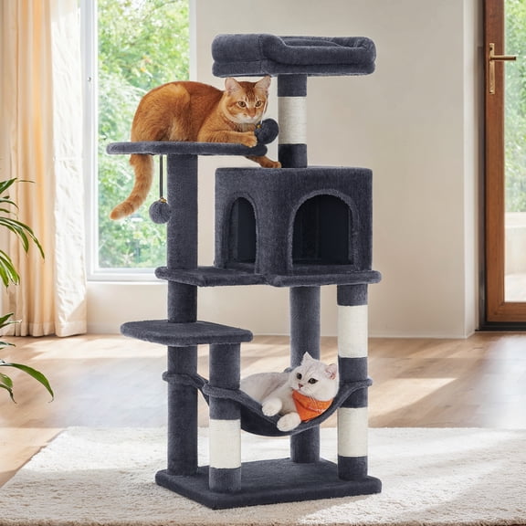 Feandrea Cat Tree, 44.1-inch Cat Tower for Indoor Cats, Multi-Level Cat Condo with Scratching Posts, Perches, Hammock and Cave, Smoky Gray UPCT261G01