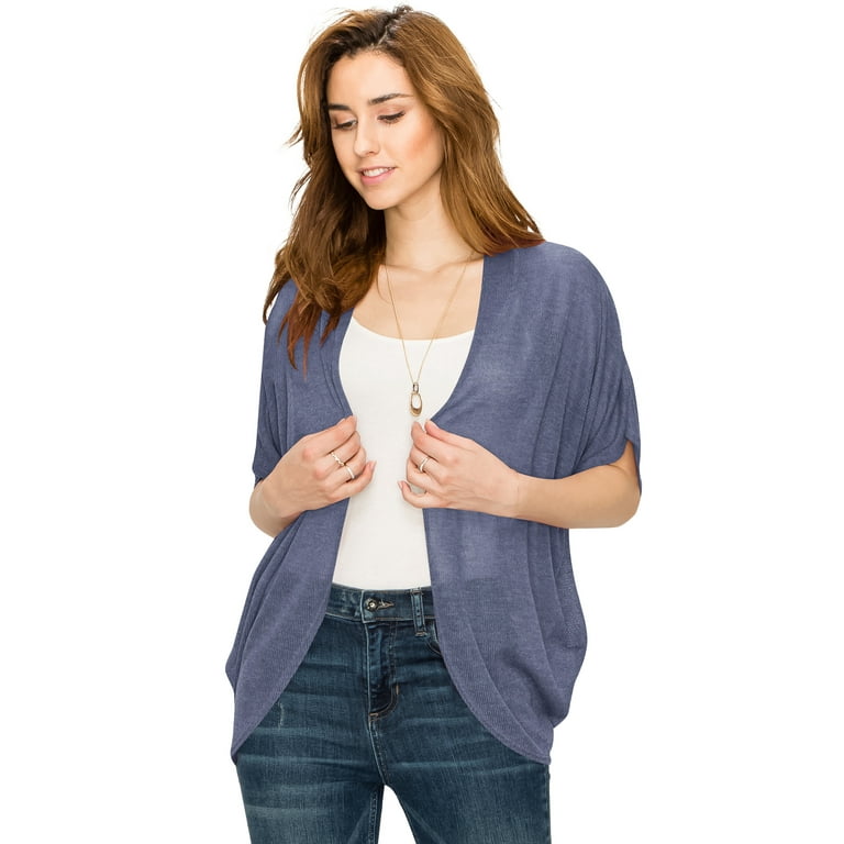 Made by Johnny Women s Short Sleeve Open Front Batwing Cardigan M Navy Size Medium Blue