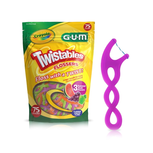 GUM Crayola Twistables Hilo dental para niños con fluoruro - Diseñado para manos pequeñas - Tres divertidos sabores de frutas - Selecciones de hilo dental para niños fáciles de usar para niños a parti