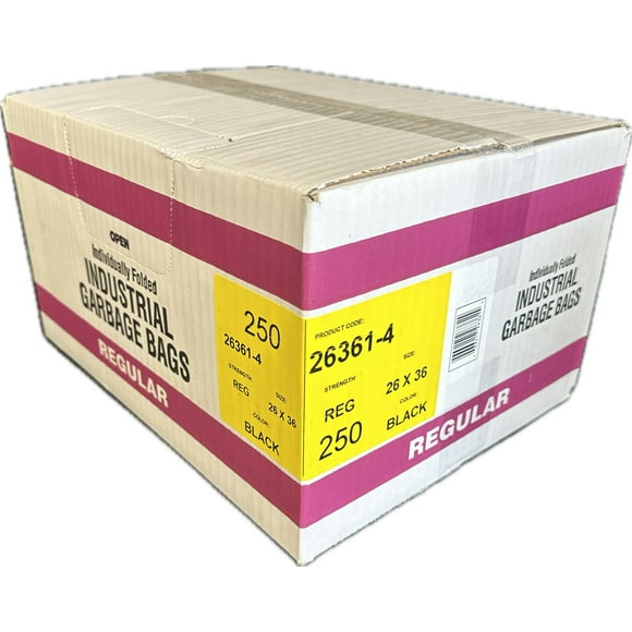 Industrial Garbage Bags, Individually Folded, Regular, 26" W x 36" L, Black , Box of 250