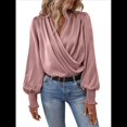 thumbnail image 3 of Camisa Elegante de Color Liso con Escote en V y Mangas Farol para Mujer Rosa XL, 3 of 9