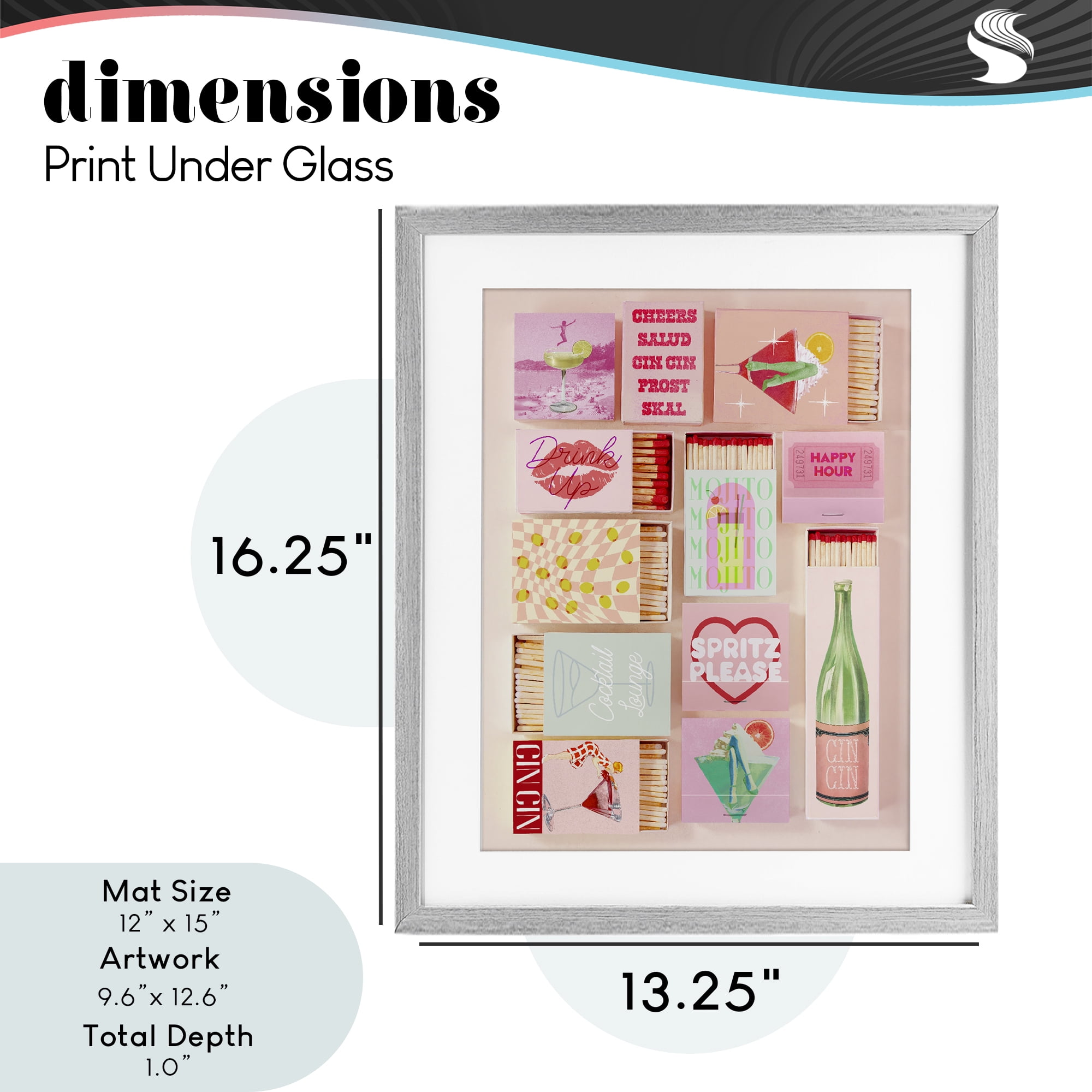 Glam Cocktails Retro Matches Gray Framed Print Under Glass, design by Lil' Rue