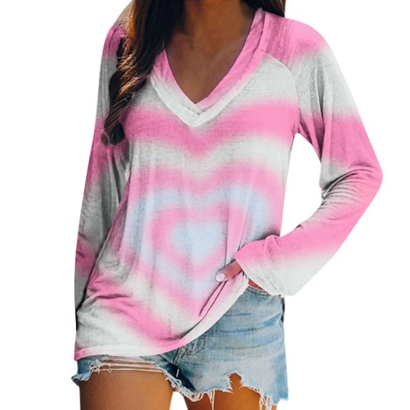Heart Print Women's V-Neck Blouse Drop Shoulder Long Sleeve Loose Valentine's Day Pullover Casual Fashionable Daily Versatile Lightweight Comfortable Top Hot Pink S
