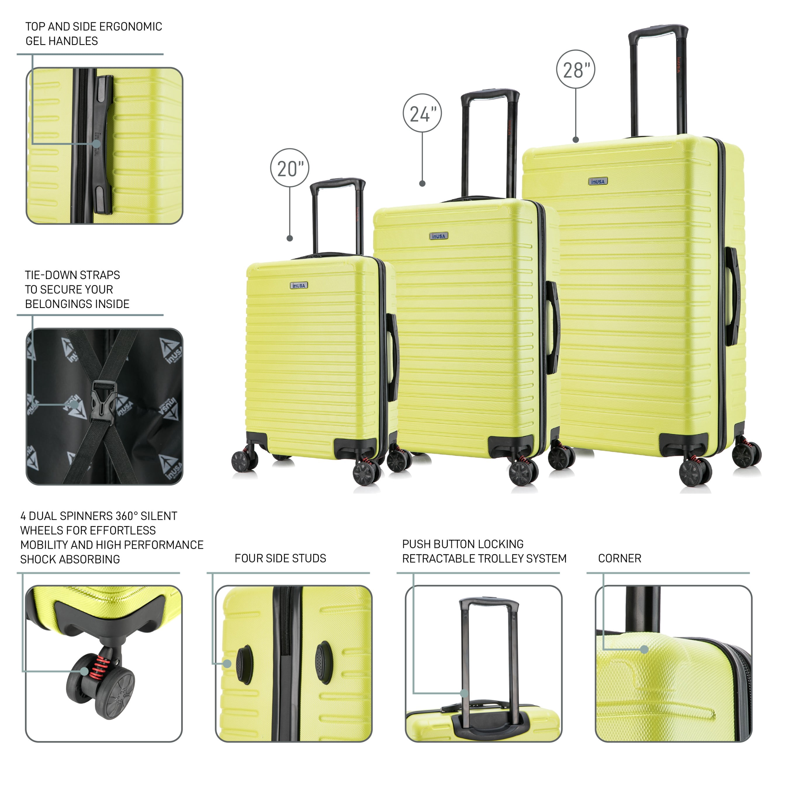 InUSA Deep 3-Piece Hardside Luggage Sets with Spinner Wheels, Handle, Trolley, (20"/24"/28"), Green