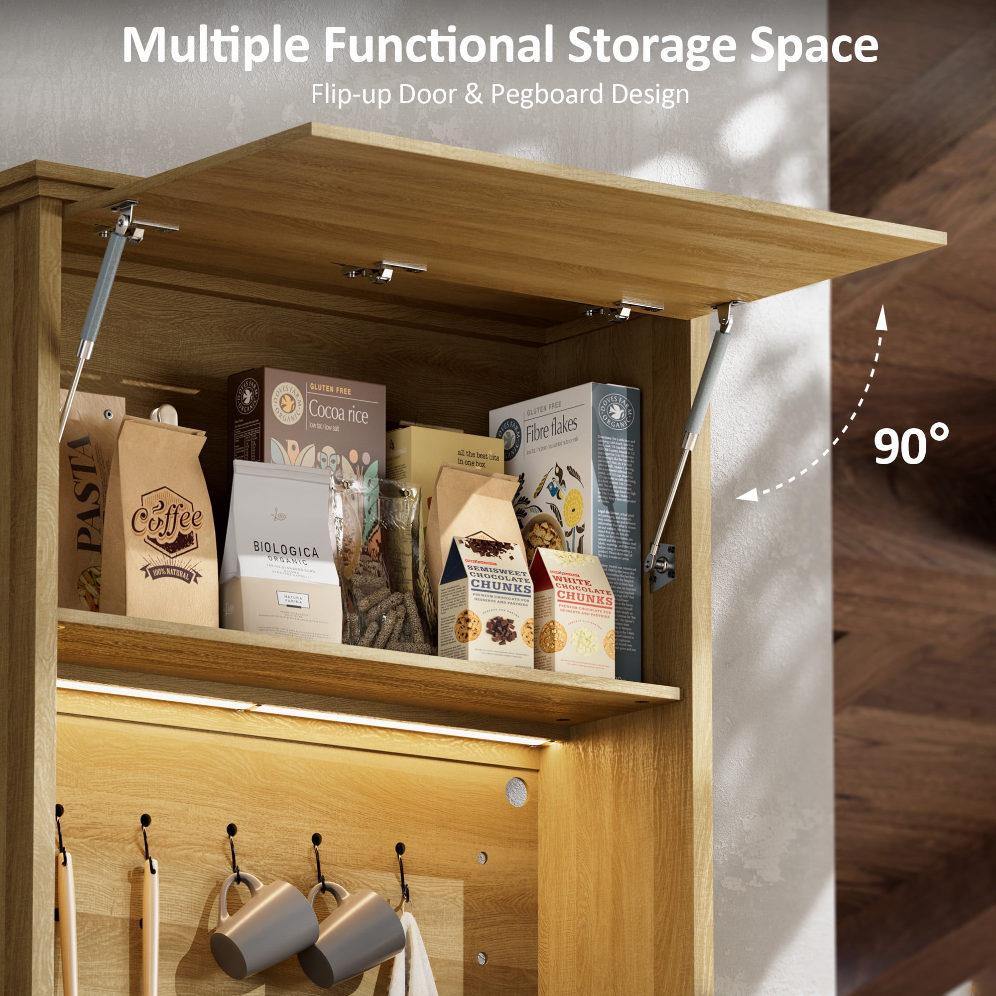 Einhomn 72" Tall Farmhouse Kitchen Pantry Cabinet with Charging Station & LED Light, Flip up Door & Adjustable Shelves,Natural