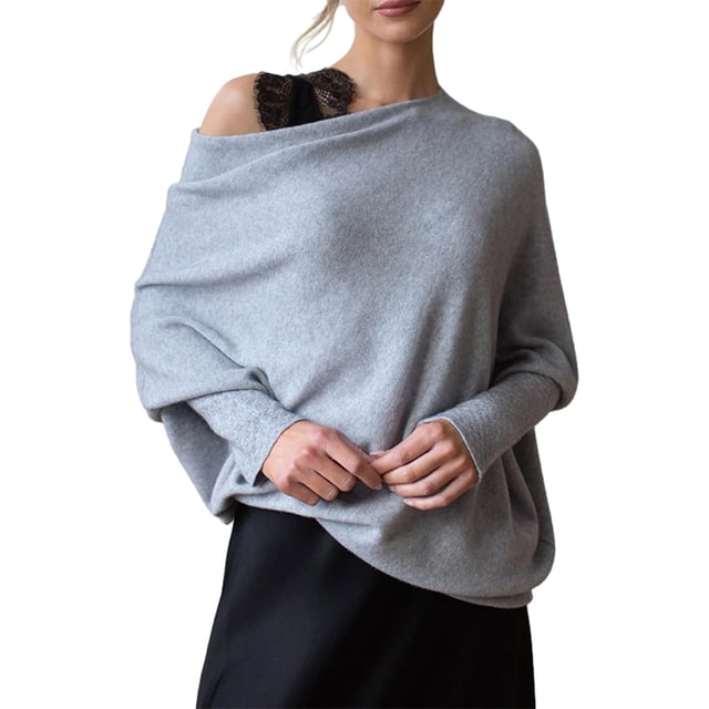 Youkk Off Shoulder Draped Jumpers Soft And Cozy Fall Sweaters For Women Easy To Clean And Care Polyester Grey