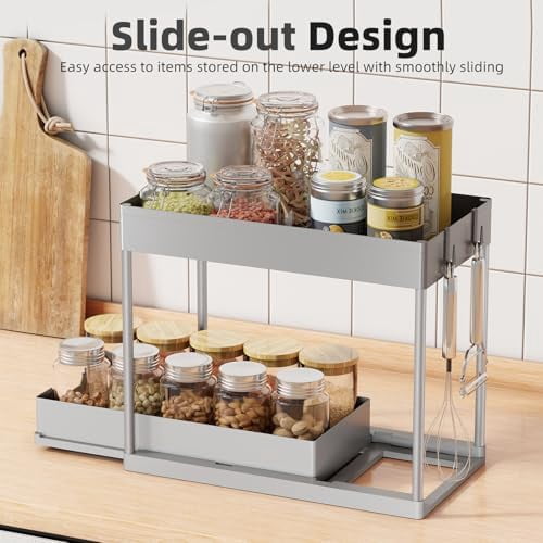 Under Sink Organizer 2 Pack, Sink Pull-Out Sliding Storage Cabinet, 2-Tier Under Shelf Organizer for Kitchen Bathroom, Grey
