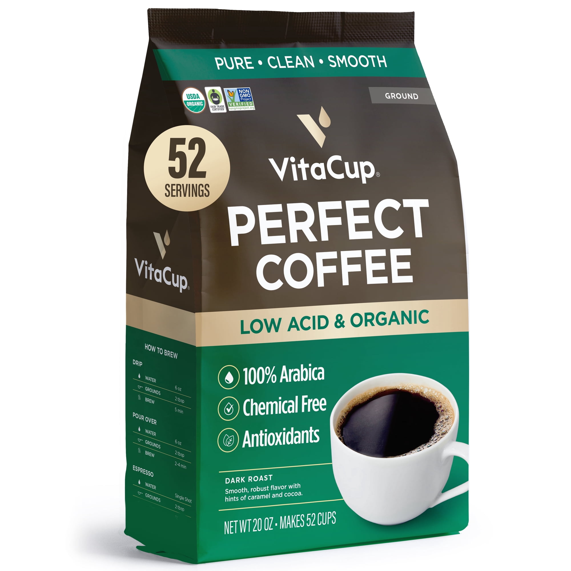 VitaCup Perfect Low Acid Coffee Ground, USDA Organic & Fair Trade, Mycotoxin Free, Dark Roast Guatemala Single Origin, Clean & Pure, 20 ounces, 52 Servings