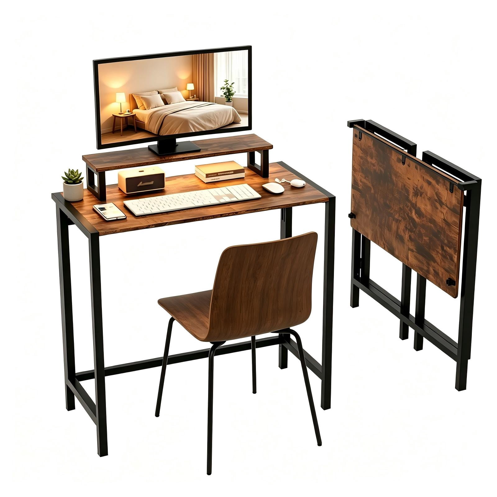 Astoutdoor Foldable Computer Desk with Shelf and Light, 31.5 in, Brown and Black