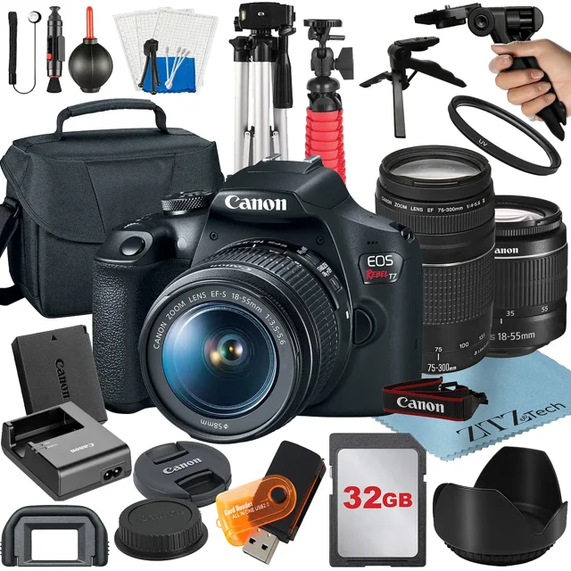 Canon EOS Rebel T7 DSLR Camera Bundle with 18-55mm + 75-300mm Lens + 32GB Card + Case + Tripod + ZeeTech Accessory
