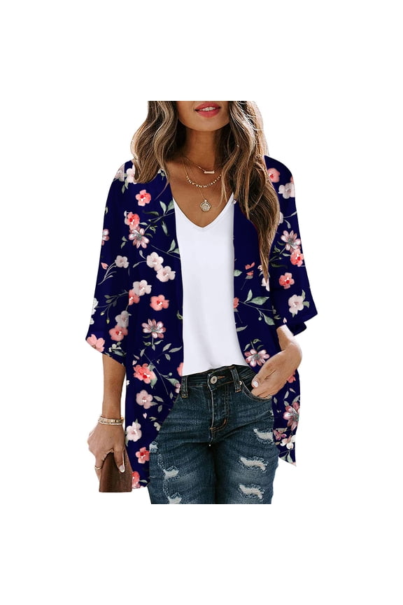 Blue Coats for Women Plus Size Elbow-Length Cover-Up Lightweight Flowy Comfy Cardigan Floral Chiffon Jacket for Ladies