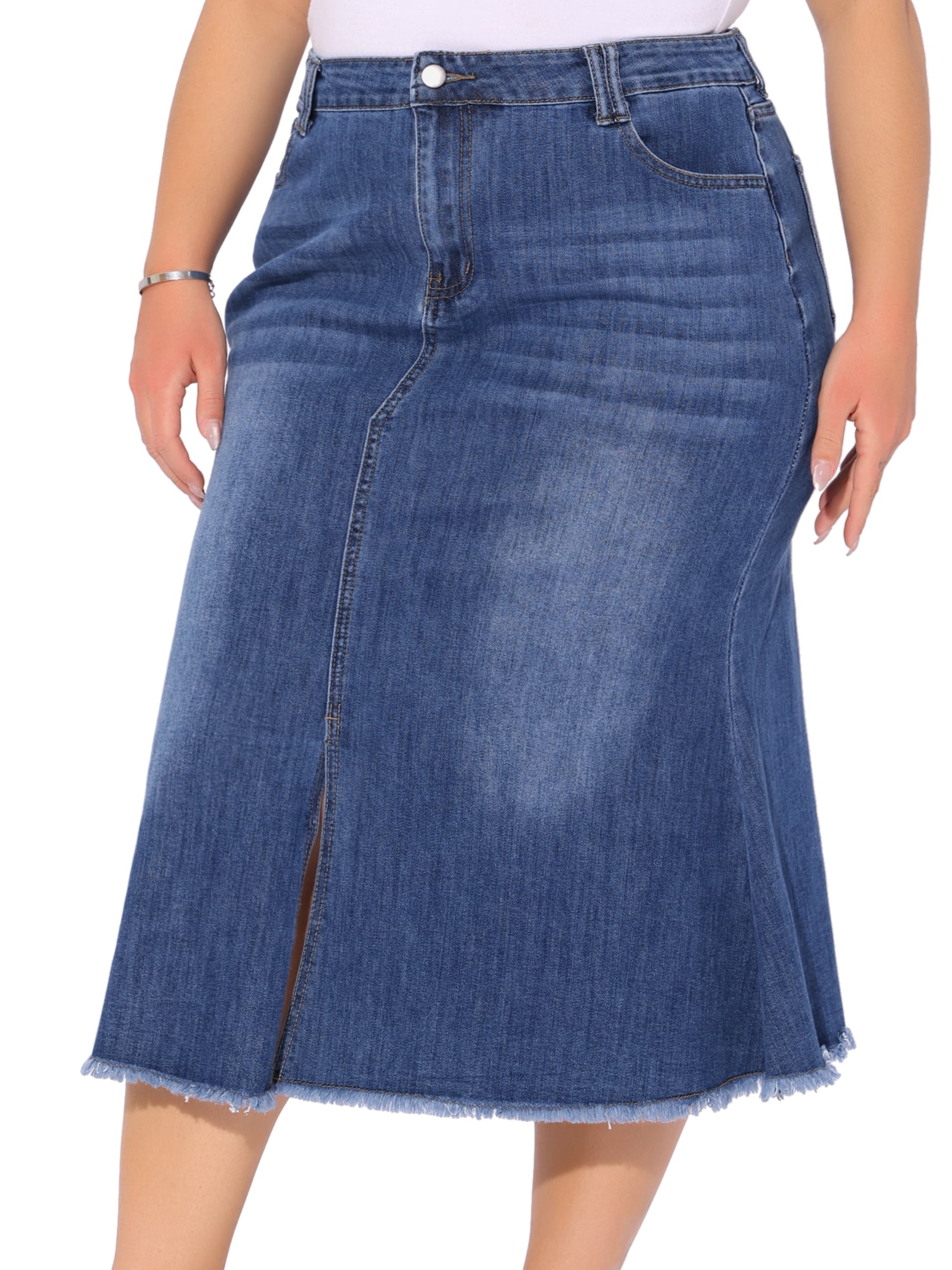 DARING DIVA Women's Plus Denim Fishtail Midi Jean Skirt with Pockets 1X Blue