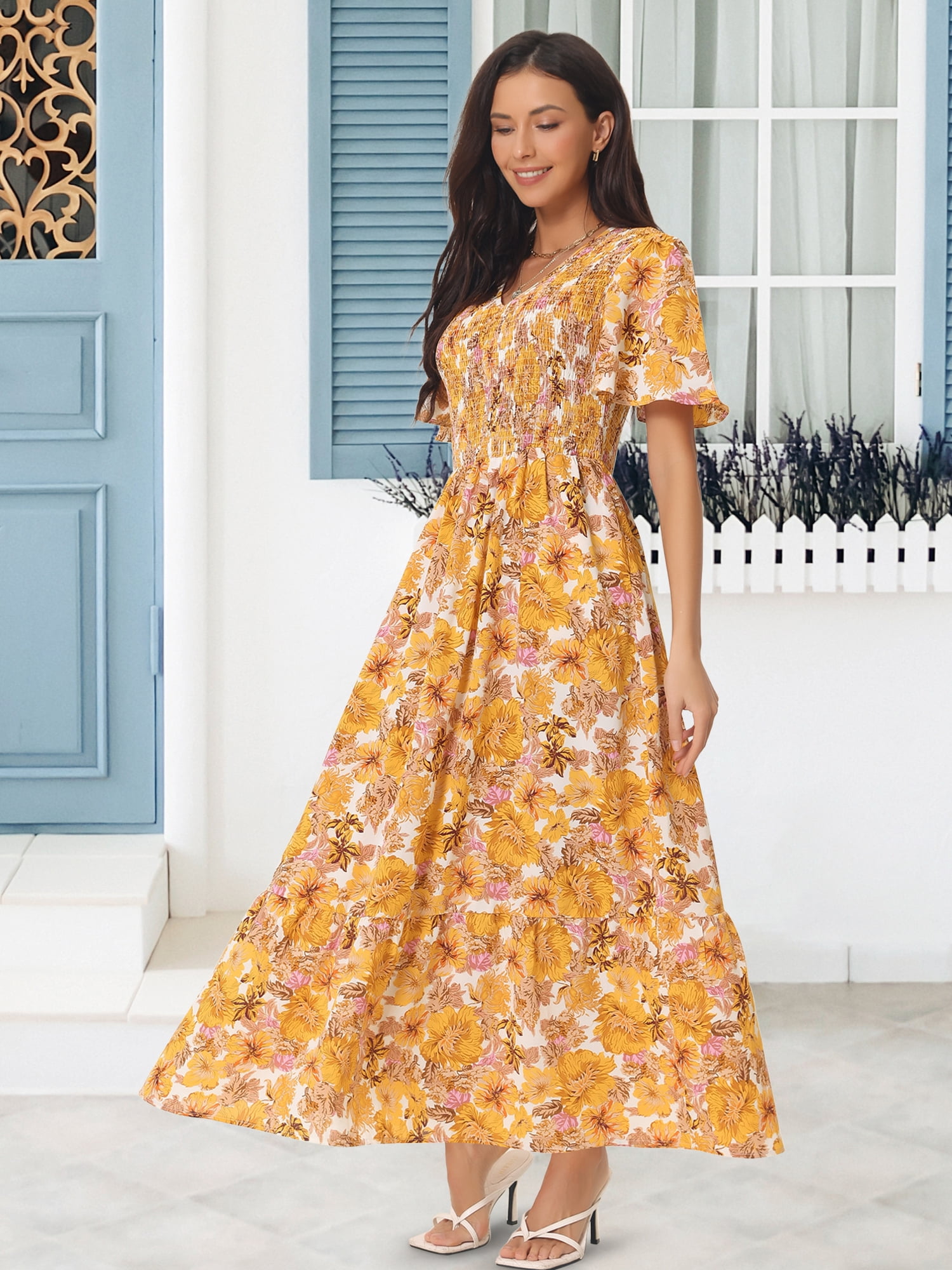 DARING DIVA Short Flutter Sleeve Smocked Flowy Maxi Dres M Yellow