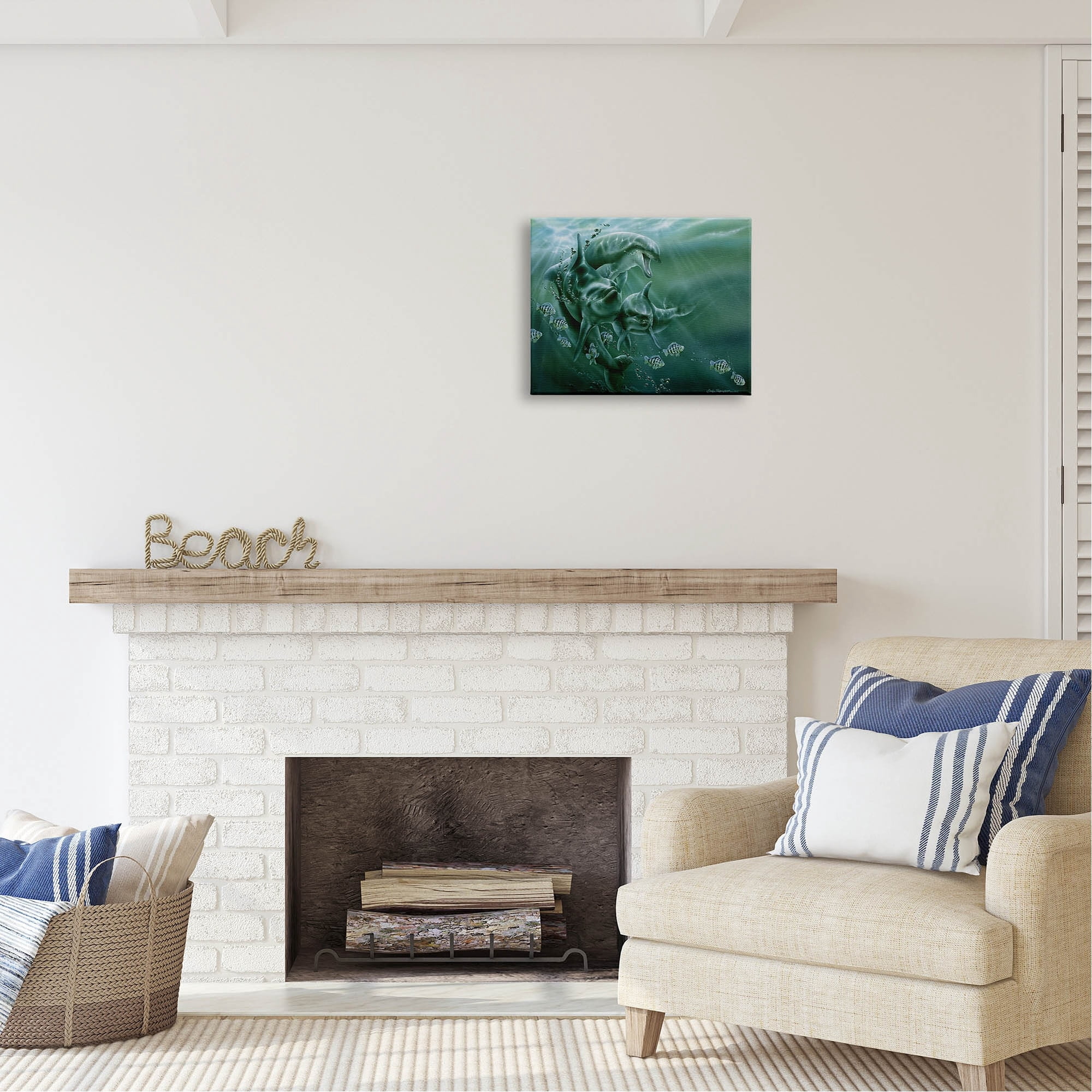 Stupell Industries Underwater Dolphins and Fish Coastal Painting Gallery Wrapped Canvas Print Wall Art
