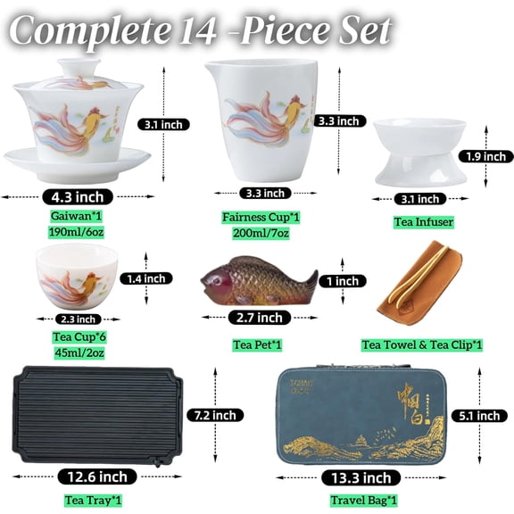 Chinese Tea Set, Gongfu Tea Sets for Adults, China Gaiwan Teaset, 14-Piece Yangzhi Jade Porcelain Set with Tea Pet, Portable Travel Teaset for Home, Outdoor, Office Gifts (White)