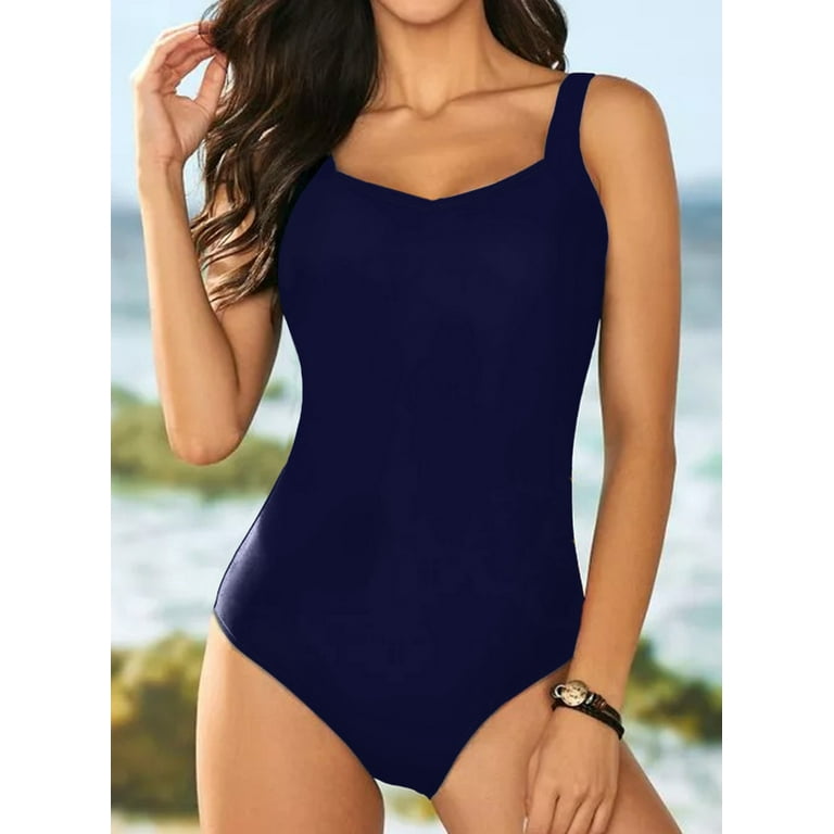 SHEWIN Womens Swimwear One Piece Strap V Neck Swimsuit Tummy Control Sport  Bathing Suits Blue L 