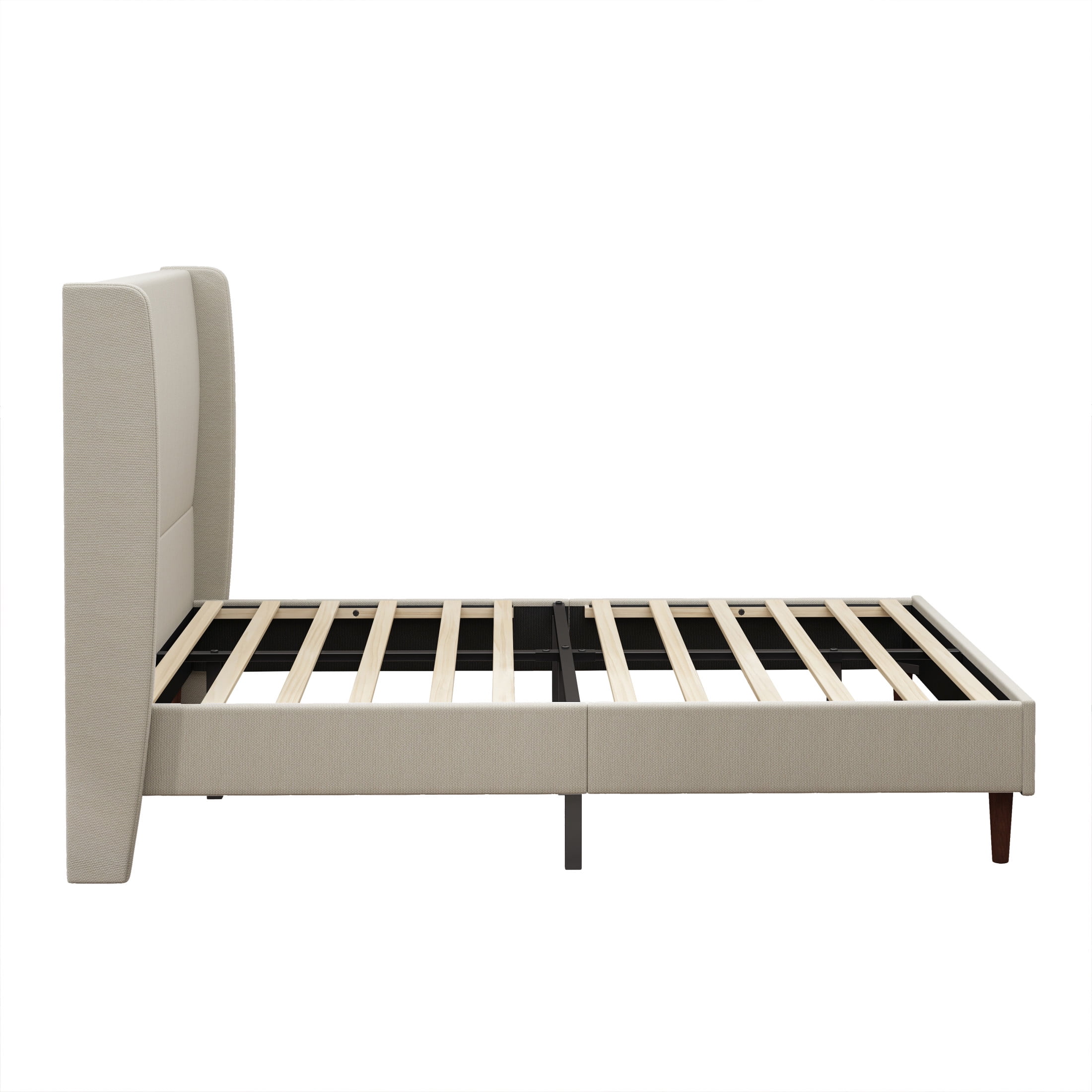 Ember Queen Size Platform Bed Frame with Linen Upholstered Headboard, No Box Spring Needed, Beige