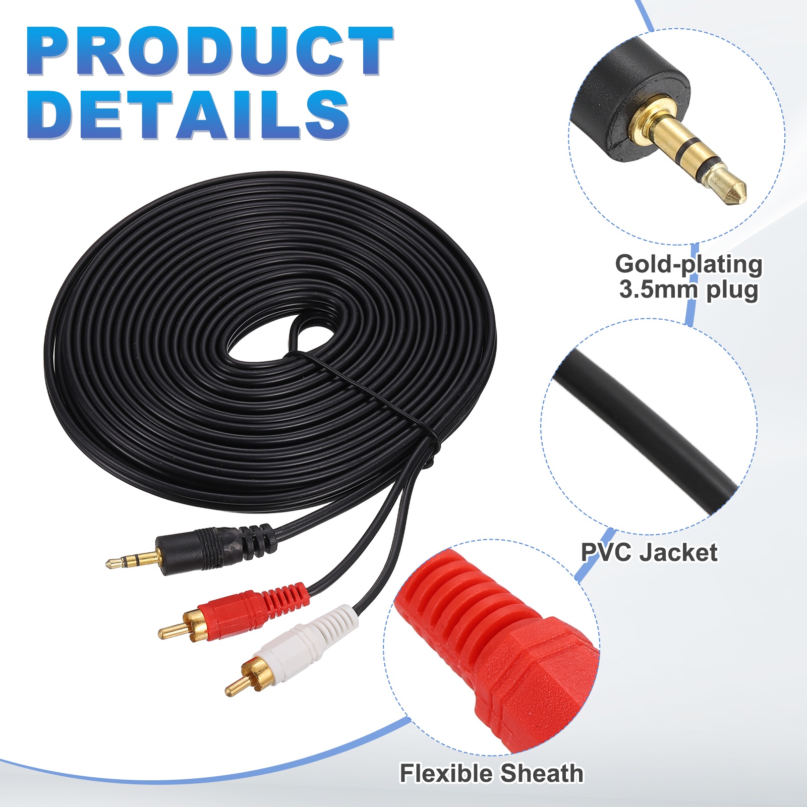 2Pcs Gold Plating TRS 3.5mm Male to 2RCA Jack Cable, 10M(11 Yard) Copper Core 3mm Audio AUX Cable