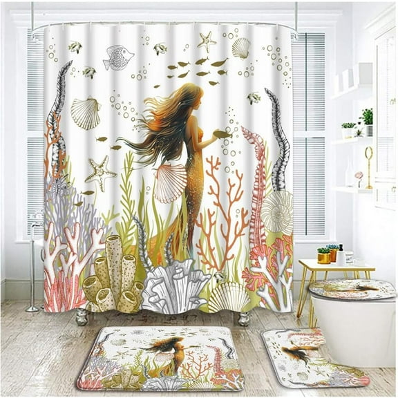 4 Piece Mermaid Shower Curtain Set with Rugs, Toilet Lid Cover ,Fairy Tale Girly Sea Ocean Coral Reef Tropical Fish Seashell Jellyfish Undersea World Cartoon Kid Bathroom Shower Curtain with Hooks