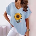 thumbnail image 1 of Fiudx Tops para Mujer Camiseta de Manga Corta con Mangas Informales de Algodón y Cáñamo con Cuello En V y Estampado de Girasoles para Mujer, 1 of 4