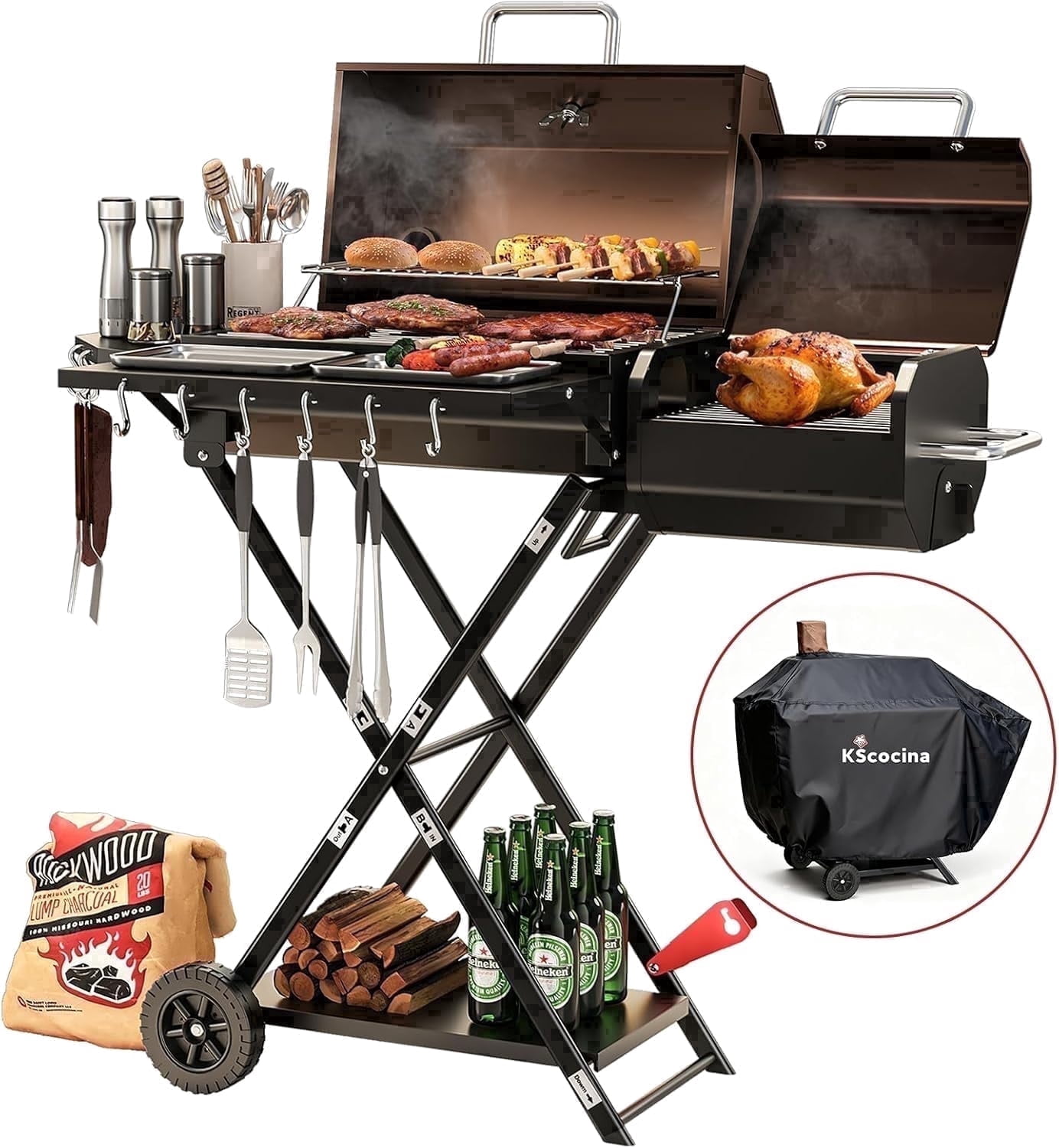 KScocina Barrel Charcoal Grill with Offset Smoker, 2-in-1 Foldable Suitcase BBQ Combo, 600 sq. in. with Waterproof Cover, for Outdoor Grilling and Backyard Cooking,Brown