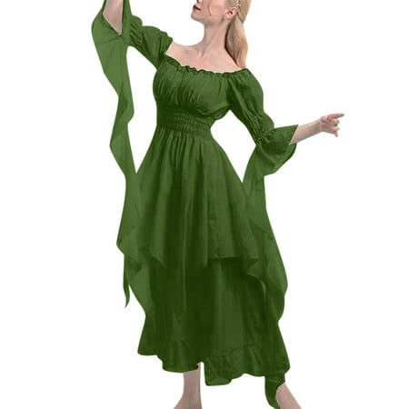 Pavied Prom Dress Corset Dress Long Sleeve Dress Ladies Solid Color Medieval Bundle Tunic Court Dress Dress Fall Dress Clearance Items Army Green L