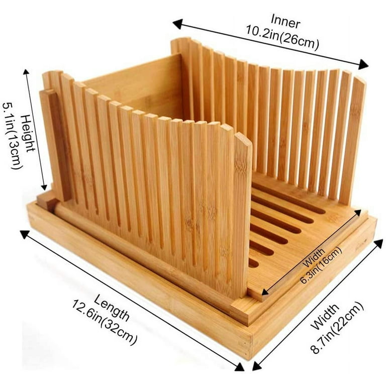 Premium Bamboo Bread Slicer with Serrated Knife Crumb Tray for Homemade  Bread Foldable and Compact Loaf Cutter 3 Size Slicing Guide
