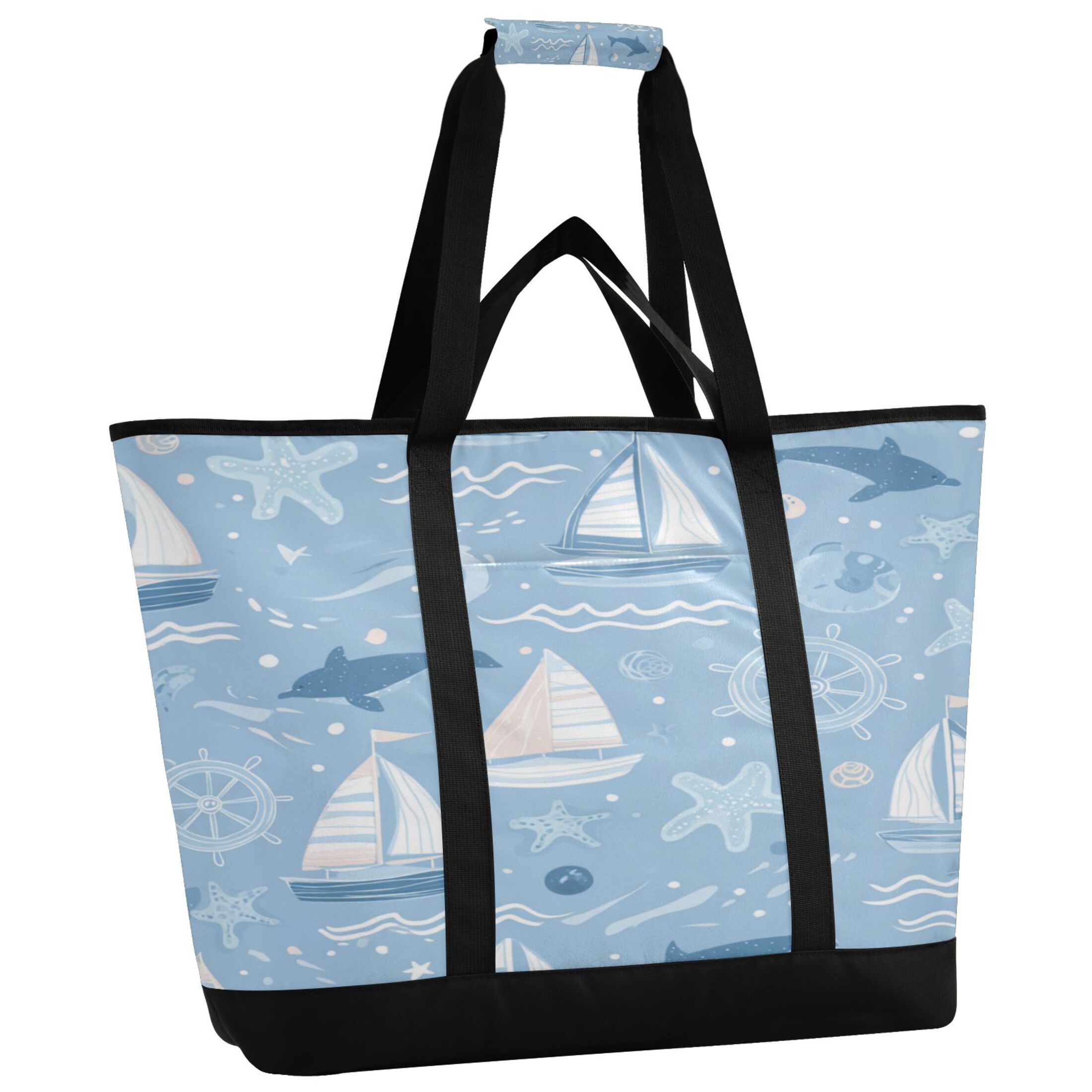 Extra-Large Wide Opening Design Capacity Hand-Held Ice Pack Thickened Insulation Layer For Long-Lasting Cold Retention For Outdoor Shopping Picnics And Camping Light Blue Marine Animal Design