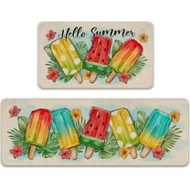 Hello Summer Popsicles Kitchen Rugs Set of 2, Tropical Palm Leaves Monstera Hibiscus Flower Kitchen Mats Decor, Seasonal Floor Door Mat Home Decorations -17x30 and 17x47 Inch