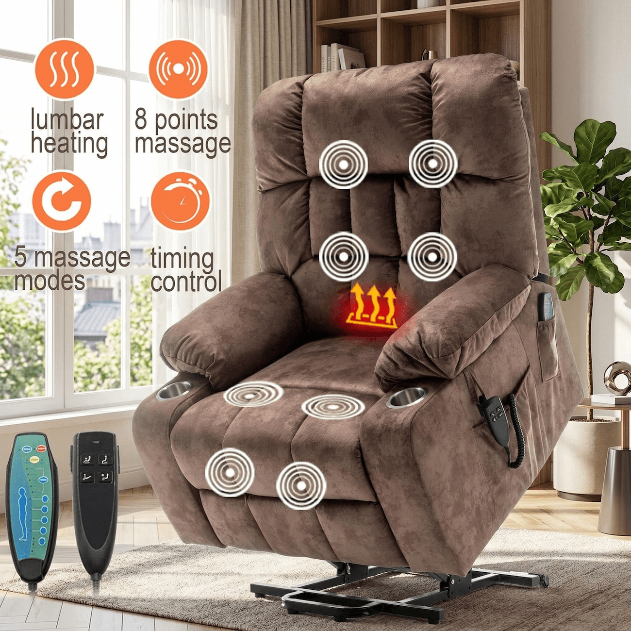 Power Lift Recliner Chair for Elderly with Massage and Heat, Dual Motor Infinite Position Recliner up to 180°, Overstuffed Wide Recliner with Cup Holders, Heavy Duty 400 lbs, Brown Velvet