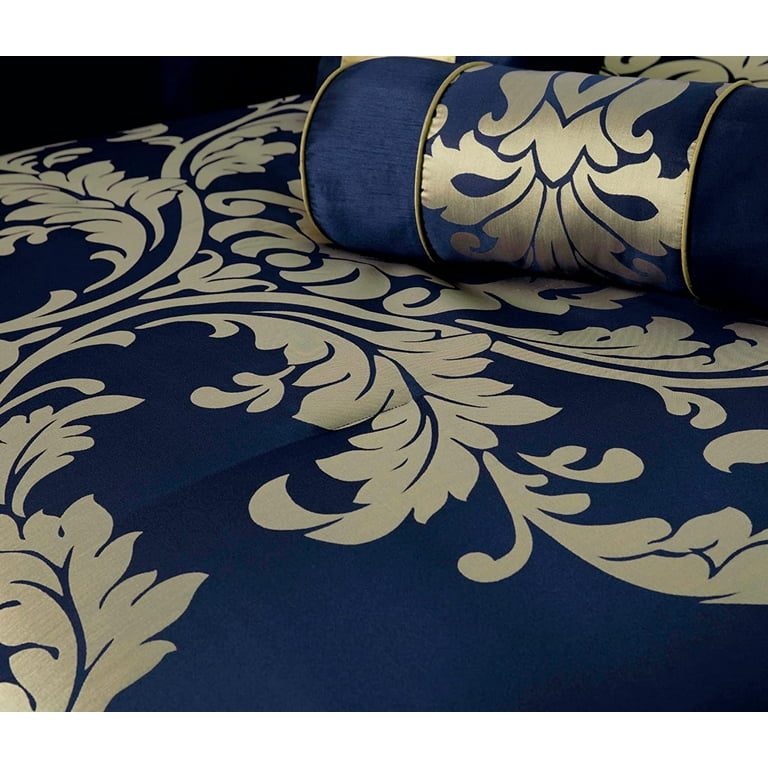Chezmoi Collection 7-Piece Luxury Navy Gold Floral Jacquard Comforter Set  Queen Size