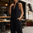 thumbnail image 5 of Neewe Womens Plain Linen Wide Leg Sleeveless Jumpsuits | V Neck Cutout High Waist Rompers, Breathable Lightweight, Beach Vacation Pants Outfit, Casual Dressy, Fall Winter Resort Wear, 5 of 9