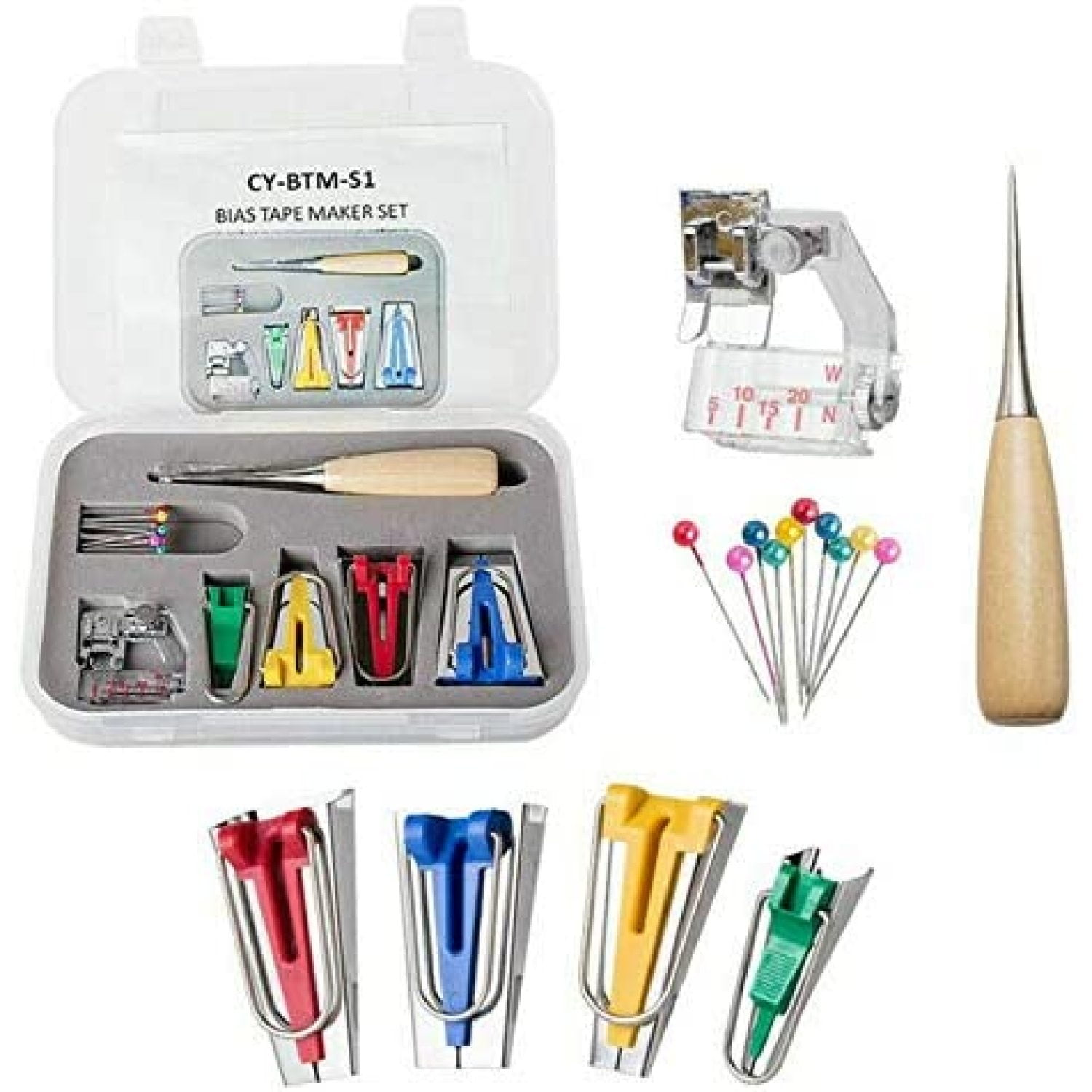 Fabric Bias Tape Maker Set 4 Sizes 6mm 12mm 18mm 25mm Sewing Pins Quilting Awl and Binder Foot