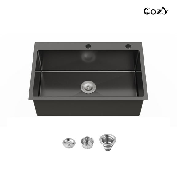 COZY Stainless Steel Single Bowl Kitchen Sink 30x19 inch, 1-Piece Overmount Brushed with US Drain & Hook, SS-BL02D-301908