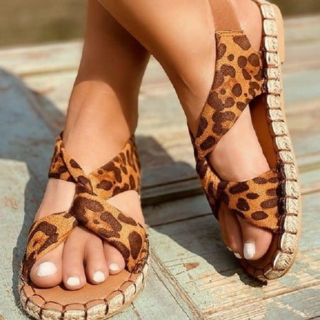 

BUIgtTklOP Sandals Women Women S Casual Thick Sole Straw Leopard Print Roman Espadrille Breathable Sandals Brown 36