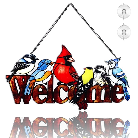Yalumo Stained Glass Window Hanging, Birds on Branch Cardinal Hummingbird Kingfisher Double Side Stained Glass Panel Window Doors Home Decor, Mother's Day Gifts, Bird Lover Gifts