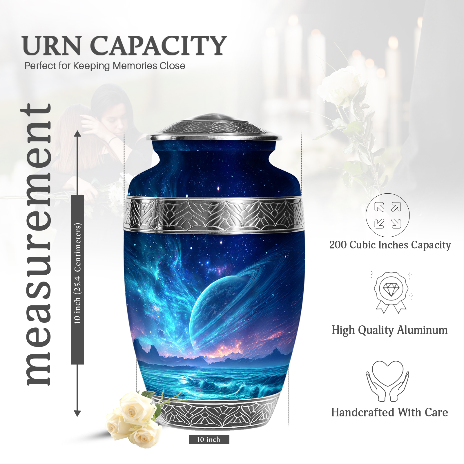 KARYLIZ Star Galaxy Cremation Urns for Adult Ashes Male Female - 200 Cubic Inches - Large Blue Burial Urns for Human Ashes - Handcrafted Funeral Decorative Urn for Women & Men with Velvet Bag