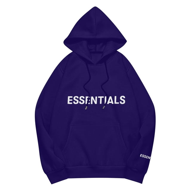 Pullover Hoodie with Adjustable Drawstring Hood and Front ESSENTIALS Lettering Print Casual Loose Fit Design Purple L