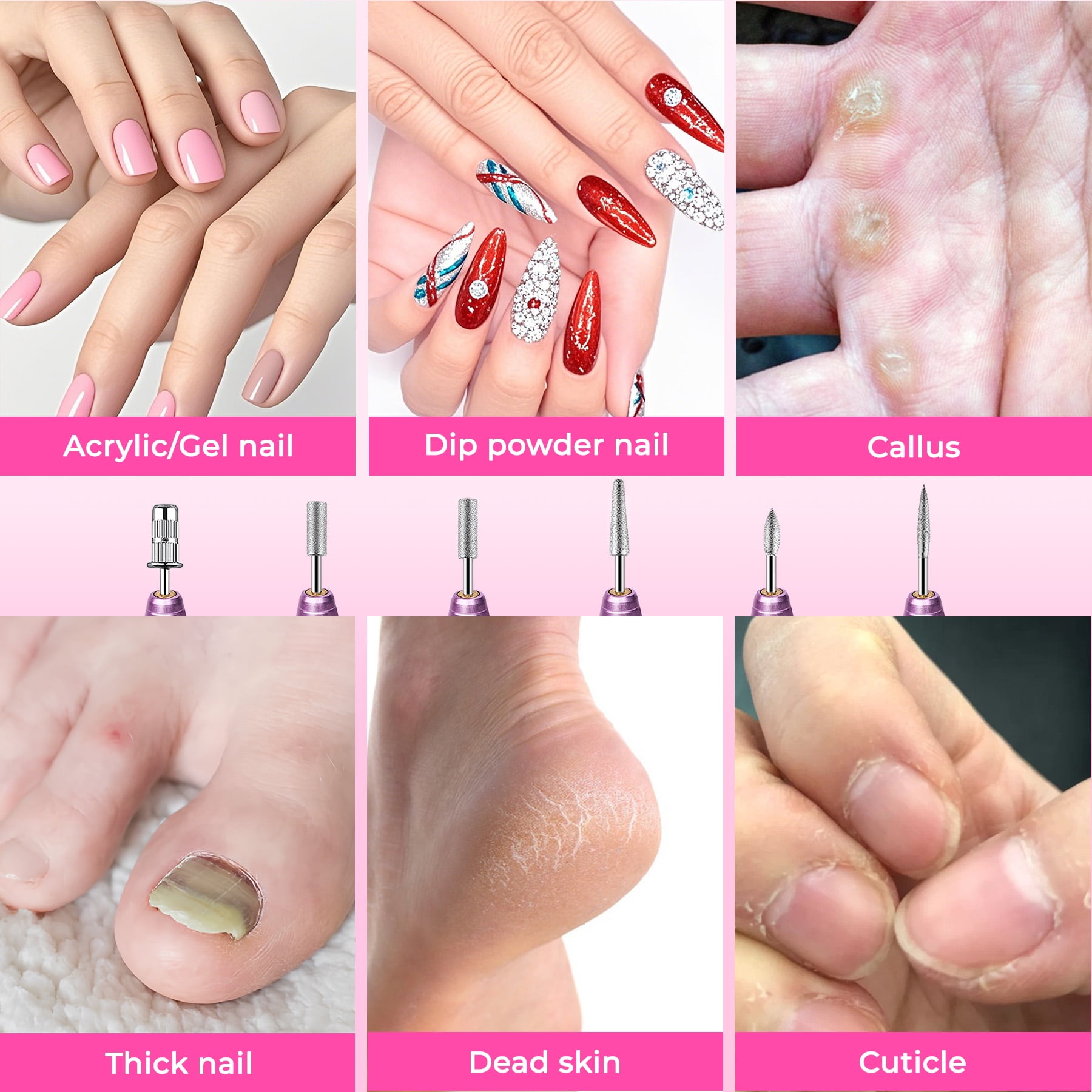 Electric Nail Drill Machine - Portable Pen-Shaped Nail Drill Kit with 6 Bits & Sanding Bands, Low Noise Low Heat for Manicure Pedicure