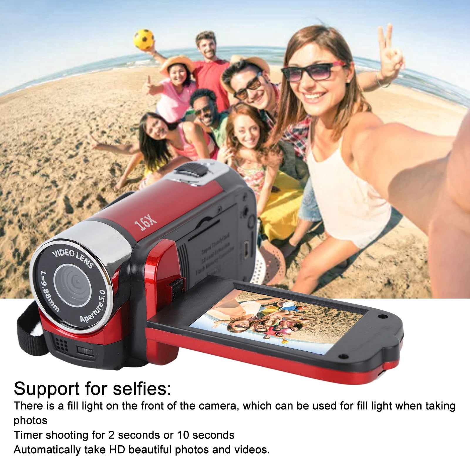 HD Handheld Video Camcorder Digital Camcorder, 1080P 16MP DV Camera 2.7in TFT Rotatable Screen 16x Digital Zoom Video Camera with USB Cable (Red)