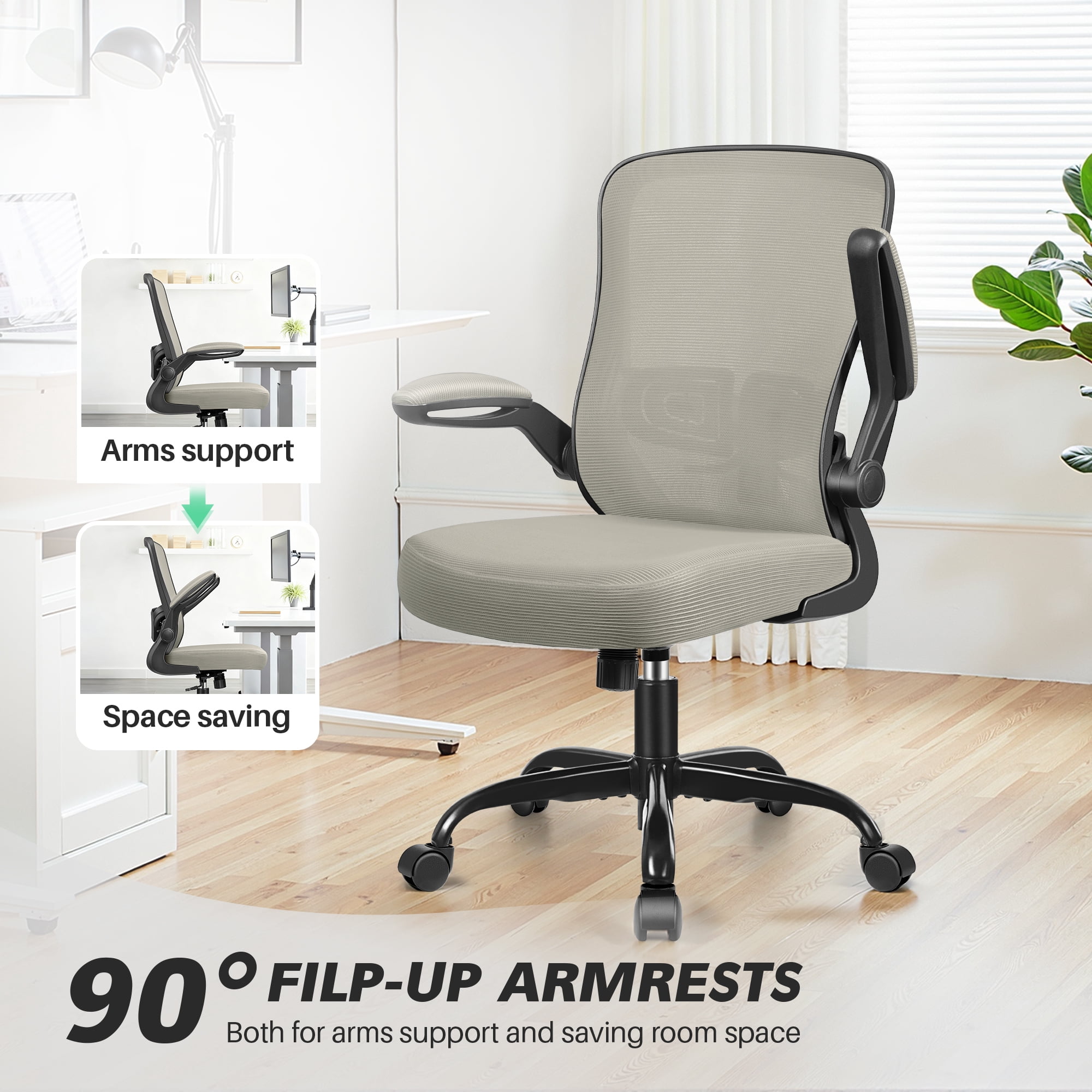 COOLHUT Ergonomic Office Chair, Home Office Desk Chair, Comfort Mesh Task Chair with Adjustable Lumbar Support and Flip up Arms, Gray