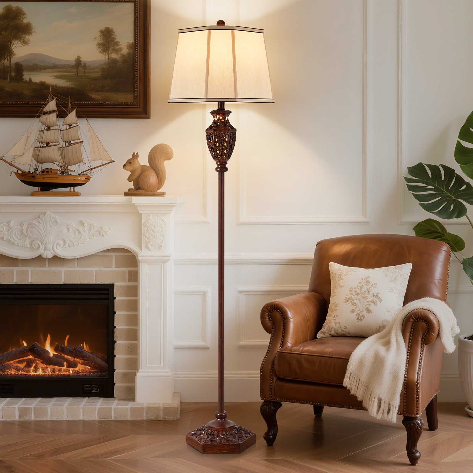 NATYSWAN Vintage Floor Lamp for Living Room,63in Resin Brown Standing Lamp with 6-Sided Carved Hollow Light Design,Mid-Century Tall Lamps for Bedroom, Study