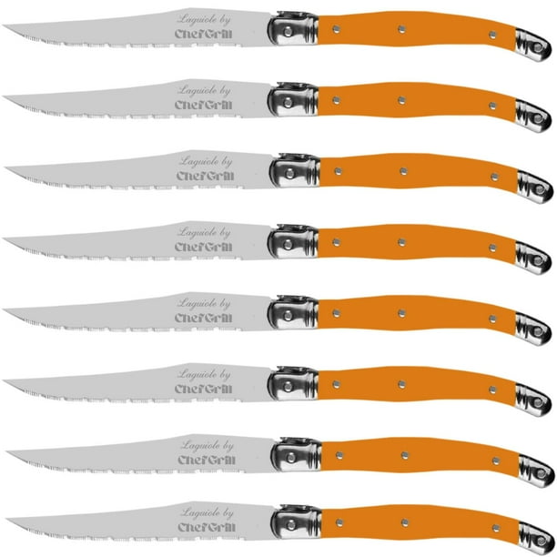 Cuchillos Franceses Alto Temple LaguioleOrange 8 pzas 23 cm Naranja Acero Inoxidable Cuchillo para carne.