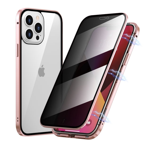 Funda magnética para iPhone 14 Pro Max con protector de pantalla de vidrio templado de doble cara, adsorción magnética, protección completa de metal, a prueba de golpes, color morado