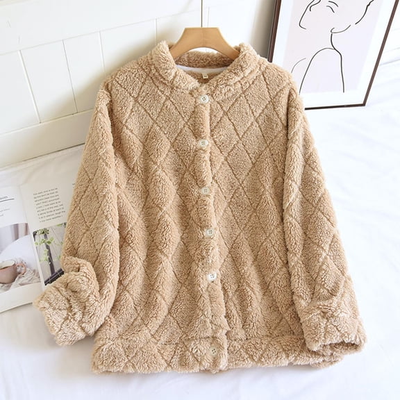 Bed Jackets for Women Winter Sleepwear Tops Button down Casual Warm Thermal Shirts Ladies Fuzzy Fleece Loungewear New Khaki M