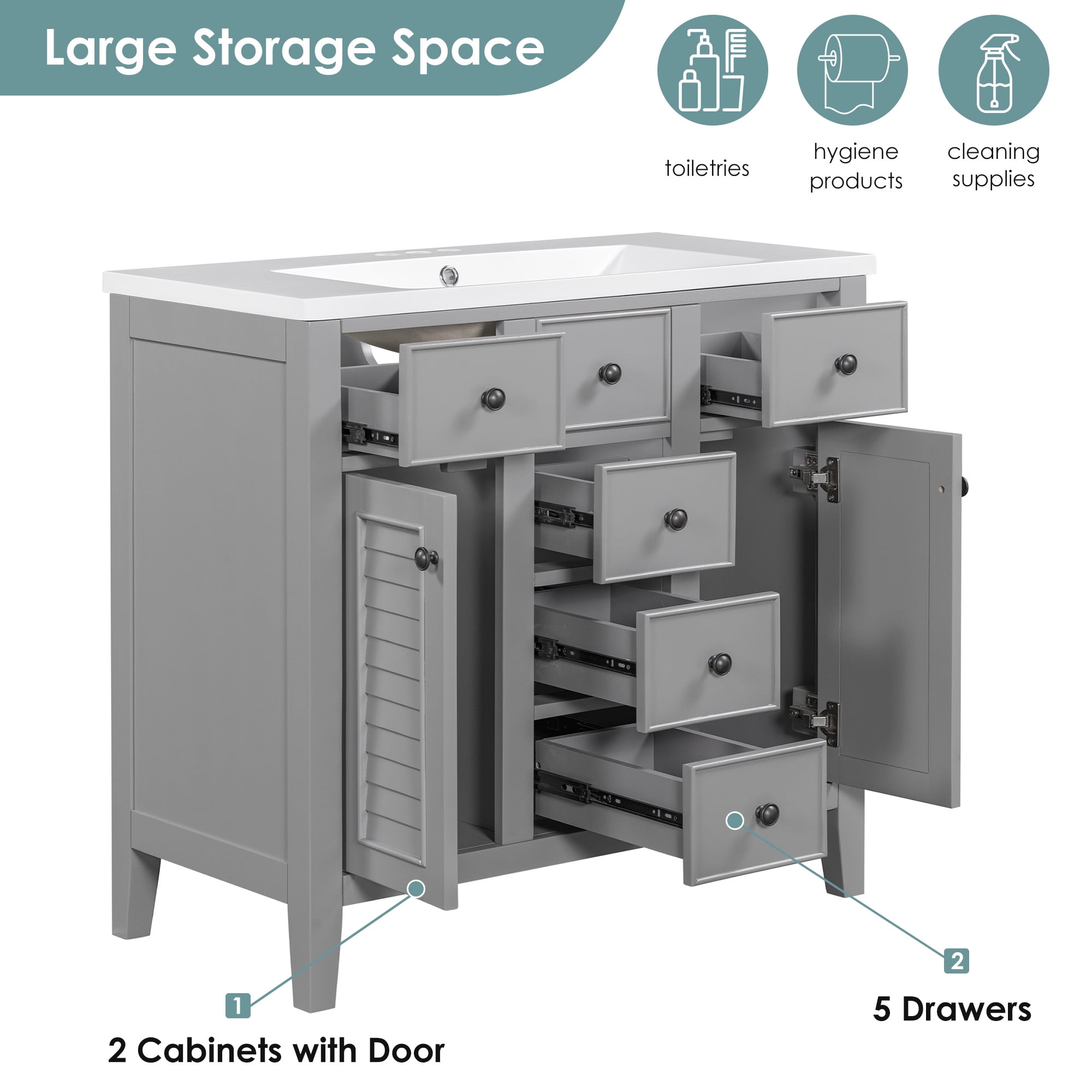 SogesPower 36" Bathroom Vanity with Ceramic Sink, Solid Wood Bathroom Makeup Cabinet with 2 Cabinets and 5 Drawers, Modern FreeStanding Single Basin Vanity Set for Bathroom, Grey