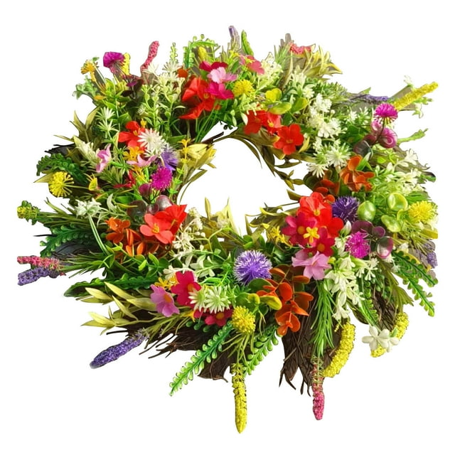 Corona de ranúnculo artificial para puerta principal | Decoración primavera-verano | Guirnalda de flores secas artificiales | Corona de plantas verdes de 40 cm para la entrada de casa